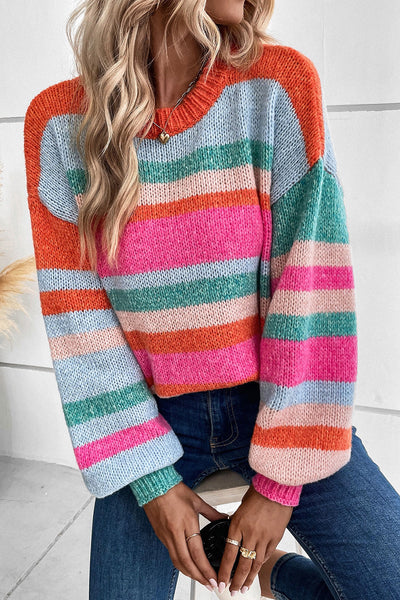 Cozy Women's Multicolor Striped Knit Sweater with Drop Shoulders and Puff Sleeves - Chic Casual Style for All Seasons