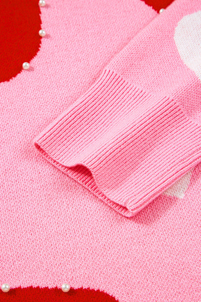 Cozy Women's Pink Heart Sweater with Pearl Embellishments - Cute Valentine's Day Gift in Comfortable Fit