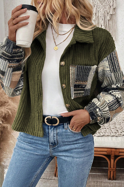 Women's Cozy Jungle Green Ribbed Fleece Plaid Jacket - Effortless Layering with Stylish Patchwork Design