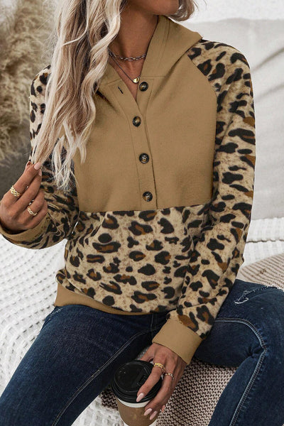 Light Beige Leopard Print Patchwork Hoodie for Women - Casual Raglan Sleeve Design with Half Buttons