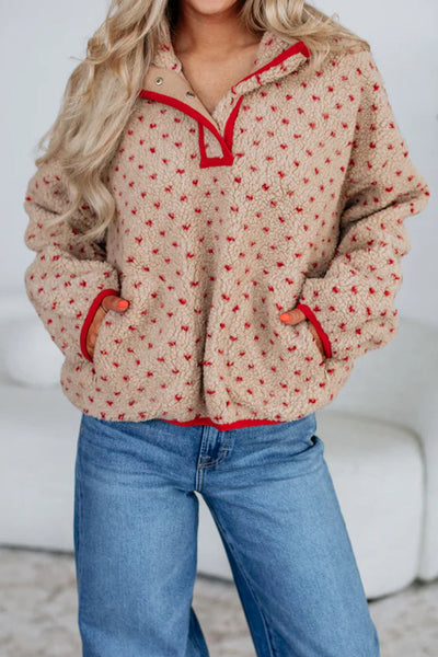 chic women's khaki sherpa pullover sweatshirt with contrast trim and dotty print cozy and trendy layering essential with practical styling and