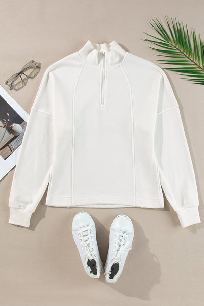 Cozy Women's White Zipped Neck Pullover Sweatshirt with Drop Shoulders - Effortless Casual Style for Everyday Comfort