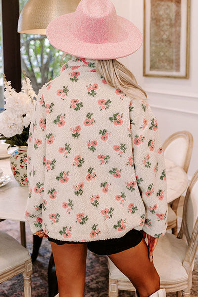 Women's Beige Floral Sherpa Denim Jacket - Cozy Chic Outerwear for Effortless Layering and Stylish Warmth