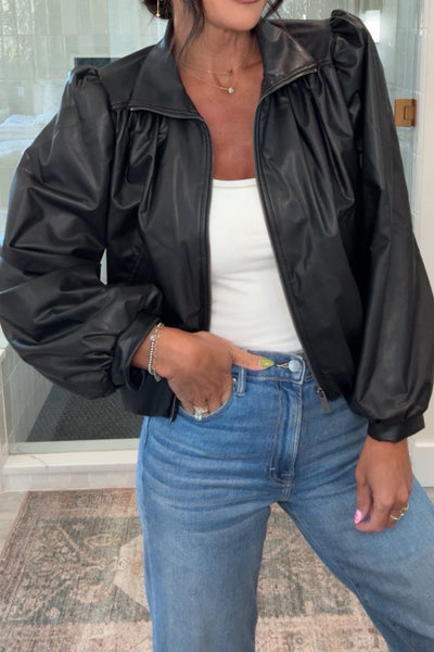 Chic Women's Black PU Leather Jacket with Zip Closure and Puff Sleeves - Trendy Outerwear for Stylish Looks