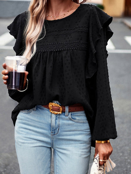 Elegant Black Lace Eyelet Ruffle Sleeve Blouse for Fall
