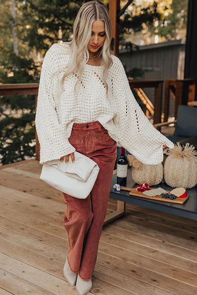 Women's White Cotton-Blend Wide Sleeve Crochet Pullover