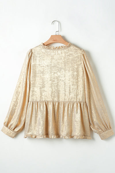stylish women's gold metallic frilled v-neck puff sleeve babydoll blouse for day or night fashion looks with practical styling and dependable