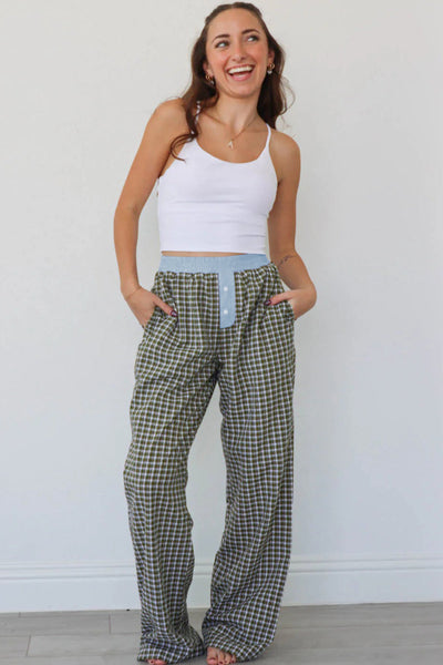 Women's Brown Gingham High-Waist Boxer Pants with Blue Contrast