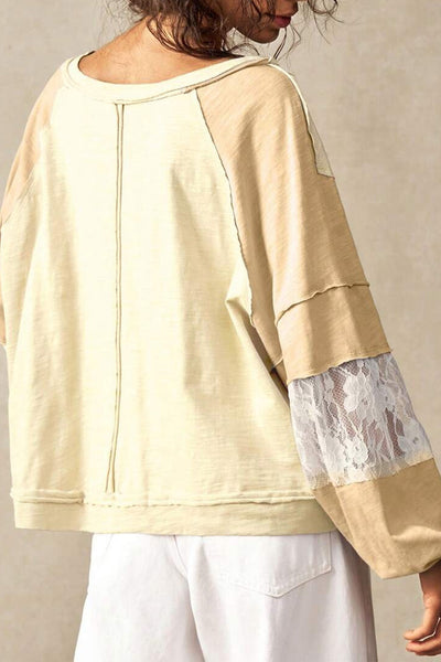Women's Relaxed Fit Yellow and Cream Color Block V-Neck Top with Lace Patchwork Details and Exposed Seams