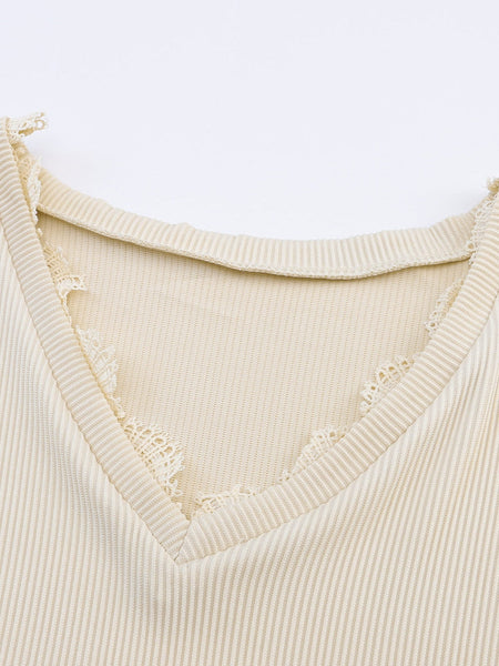 Women's Lace-Trimmed Ribbed V-Neck Blouse with Bell Sleeves