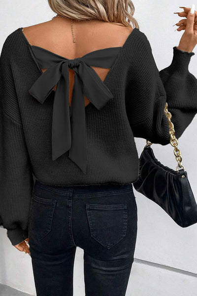 Cozy Women's Black Lantern Sleeve V-Neck Sweater with Knot Back Stylish and Comfortable for Every Occasion