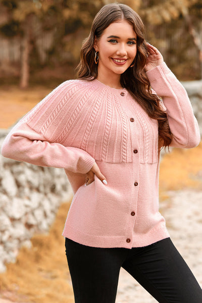 Women's Light Pink Cable-Yoke Cardigan with Wooden Buttons