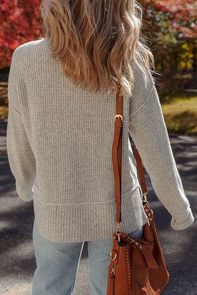 Cozy Chic Women's Gray Waffle Knit High Neck Sweater with Ribbed Details and Drop Shoulders for Effortless Style