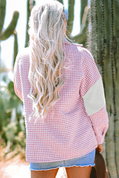 Trendy Women's Pink Houndstooth Patchwork Shacket - Relaxed Fit for Effortless Casual Chic Style