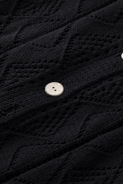 Chic Women's Black Hollow-Out Knit Cardigan for Stylish Layering - Lightweight, Openwork Design, Perfect for All Seasons