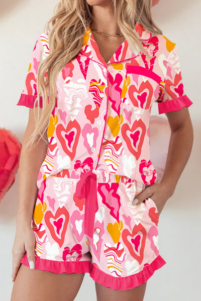 Cozy Women's Pink Heart Print Pajama Set with Ruffle Trim - Whimsical 2-Piece Short Sleeve Sleepwear for Relaxation
