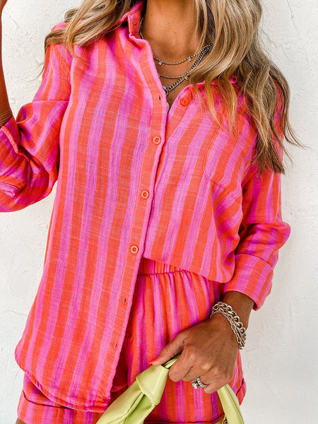 Orange Stripe Print Shirt and Shorts Lounge Set