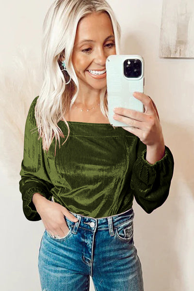 Chic Women's Fern Green Velvet Ribbed Top with Puff Sleeves and Slim Fit for Effortless Everyday Style
