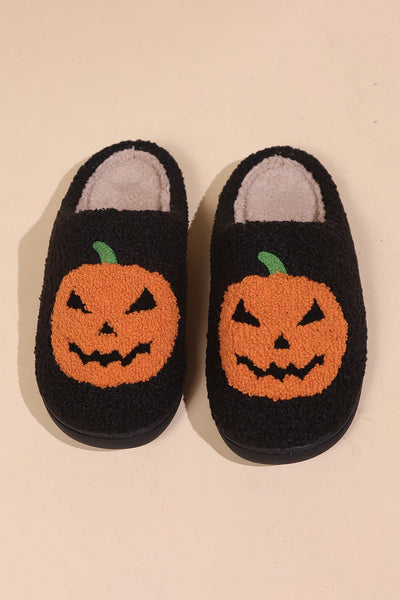 Women‚Äôs Cozy Black Pumpkin Print Plush Slippers Ideal for Halloween & Fall Comfort at Home