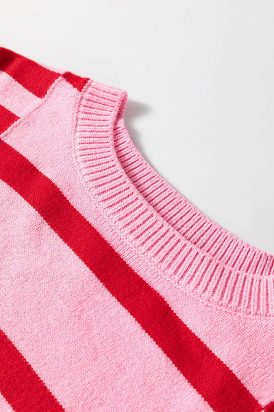 Chic Women's Pink Striped Bubble Sleeve Sweater with Drop Shoulders & Ribbed Trim for Cozy Style