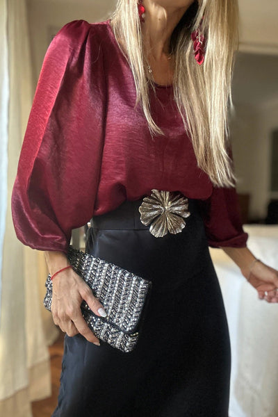 Chic Red Dahlia Satin Puff Sleeve Blouse for Women - Elegant Style, Perfect Fit for Every Occasion