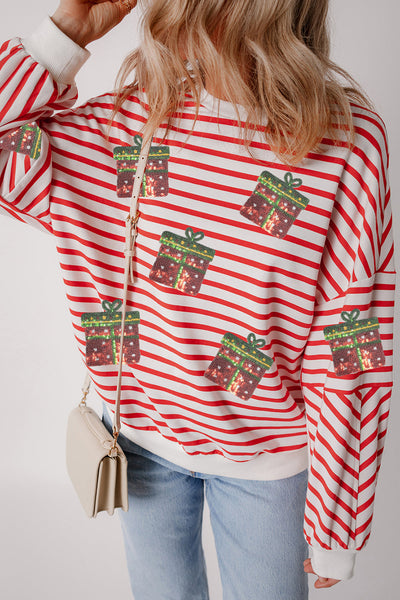 Women's Sequin Gift Box Striped Holiday Sweatshirt