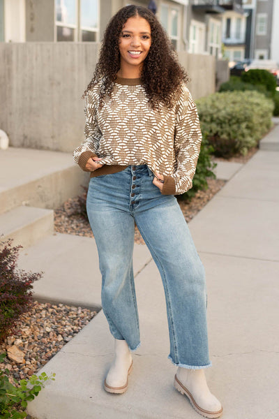 Cozy Women's Khaki Knit Sweater with Patterned Design, Round Neck, Perfect for Casual Everyday Wear