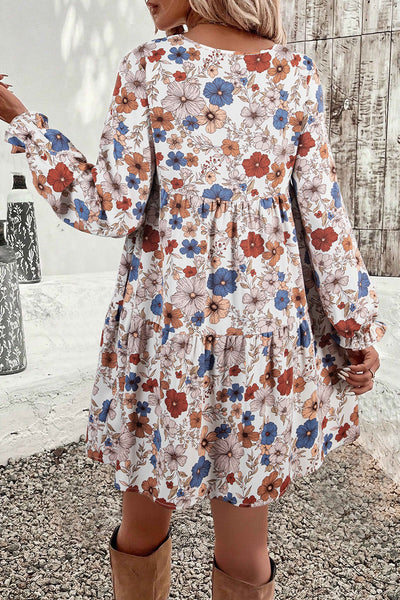 Women's Khaki Floral Tiered Shift Dress with Long Ruffle Sleeves