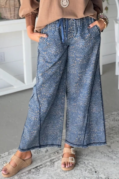 Trendy Women's Blue Leopard Print Wide Leg Jeans with Drawstring Waist & Exposed Seams for Casual Chic Look