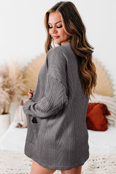 Cozy Women's Medium Grey Textured Open Front Cardigan with Pockets - Perfect for Everyday Style and Comfort