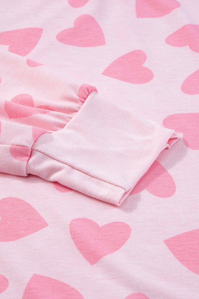 Cozy Women's Pink Heart Print Long Sleeve Lounge Set - Perfect Valentine's Day Shorts Outfit for Relaxed Style