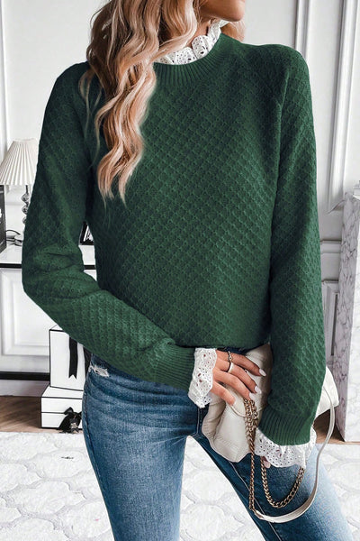 Women's Mist Green Lace Trim Raglan Sleeve Sweater - Cozy Chic Knit for Effortless Casual Style
