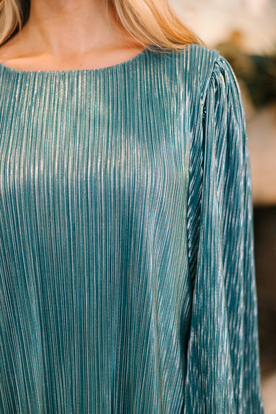 Elegant Women's Lapis Metallic Pleated Blouse with Keyhole Back & Long Puff Sleeves - Chic Style for Any Occasion