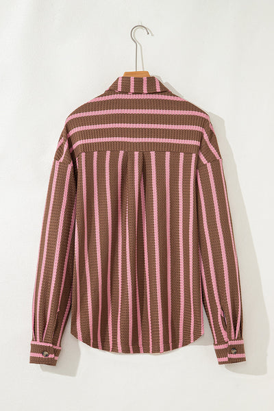Trendy Women's Multicolor Striped Knit Shacket with Contrast Patchwork, Button Pockets, and Stylish Raw Hem
