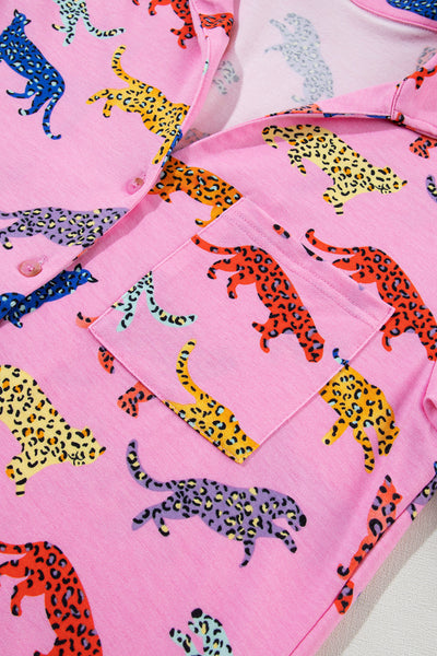 Women's Pink Cheetah Print Pajama Set - Trendy Sleepwear Top & Pants for Cozy Lounging and Relaxation