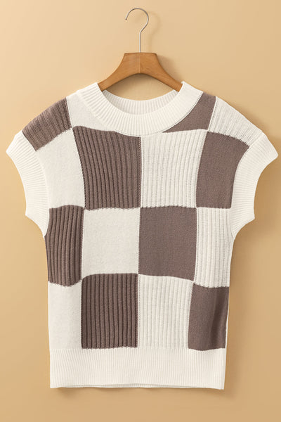 Casual Chic Women's Khaki Checkered Color Block Sweater - Short Sleeve Crew Neck for Effortless Style