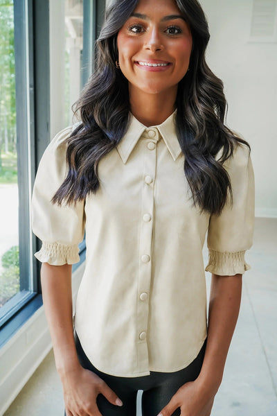 Beige Faux Suede Short Sleeve Button-Down Shirt for Women - Stylish Frilled Casual Top for Effortless Everyday Wear