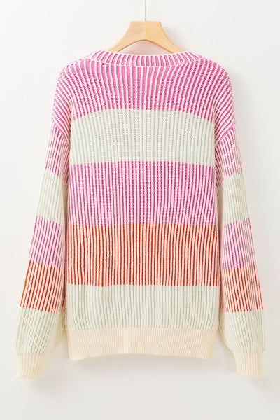 Cozy Women's Pink Colorblock Bubble Sleeve Sweater - Textured Knit for Stylish Fall and Winter Fashion