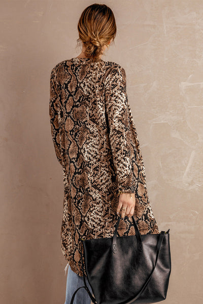 Women's Brown Snake Print Longline Slim Blazer with Lapel