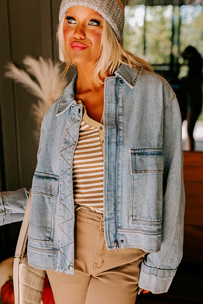 Trendy Distressed Blue Denim Jacket for Women - Classic Fit Outerwear for Chic Casual Outfits