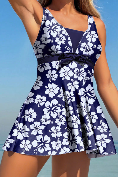 Women's Floral Navy Blue A-Line Swim Dress with Bow Detail