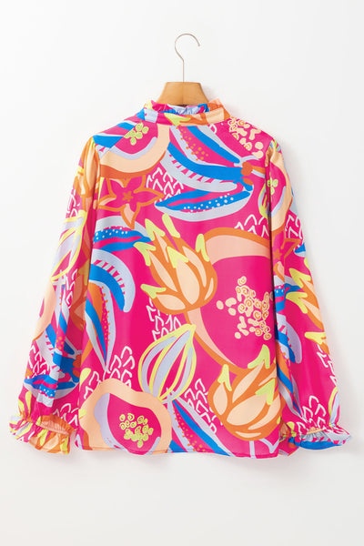 Chic Women's Pink Abstract Blouse with Ruffled Sleeves and Buttoned V-Neck for Effortless Style and Comfort
