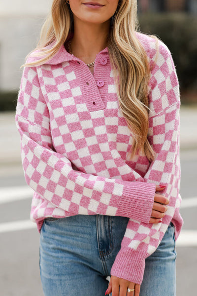 Cozy Women's Pink Checkered V-Neck Sweater with Drop Shoulders & Button Details Stylish Casual Knit Top
