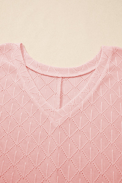 Women's Light Pink Pointelle Plus Size V-Neck Top