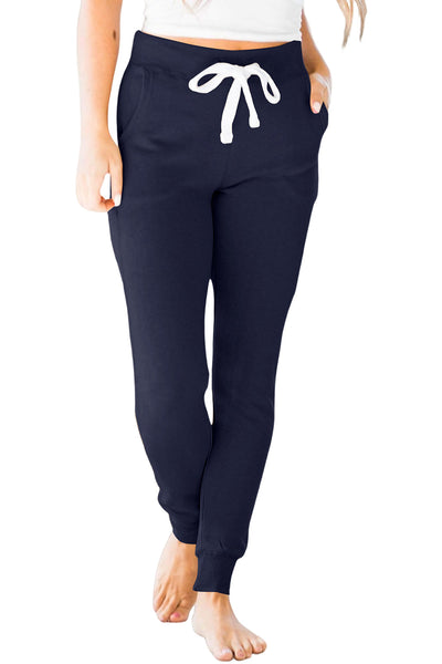 Women's Comfortable Navy Blue Drawstring Joggers with Elastic Waist and Pockets for Casual Everyday Style