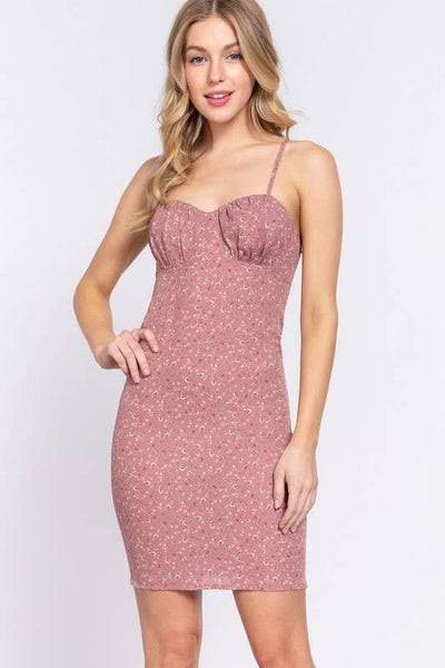 Back Ribbon Closure Floral Print Mini Woven Dress