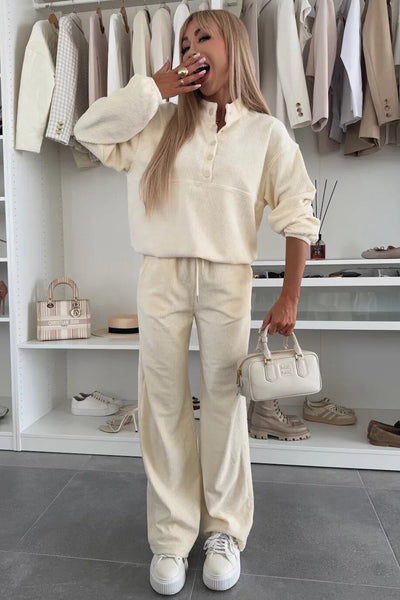 Chic Beige Corduroy 2-Piece Women's Set: Cozy Half Button Pullover & Comfortable Drawstring Pants for Effortless Style