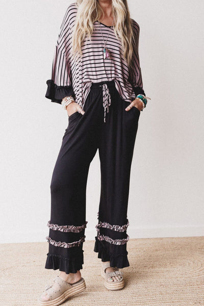 Stylish Black Striped 2-Piece Women's Set: Relaxed Drop Shoulder Top with Ruffled Sleeves & Comfy Drawstring Pants