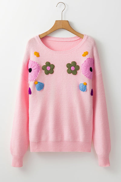 Cozy Women's Pink Knitted Sweater with Floral Design & Ribbed Edges - Perfect for Casual Outings and Everyday Style