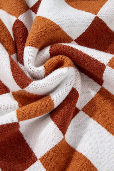 Cozy Orange Checkered Women's Ribbed Drop Shoulder Sweater - Casual Fit for Effortless Everyday Style